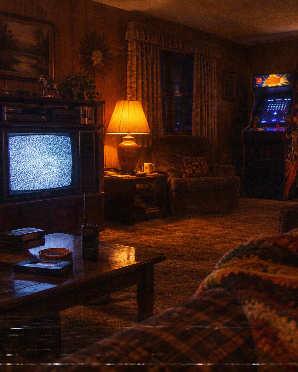 A 1980s living room at night with a static-filled television, walkie-talkie and arcade cabinet