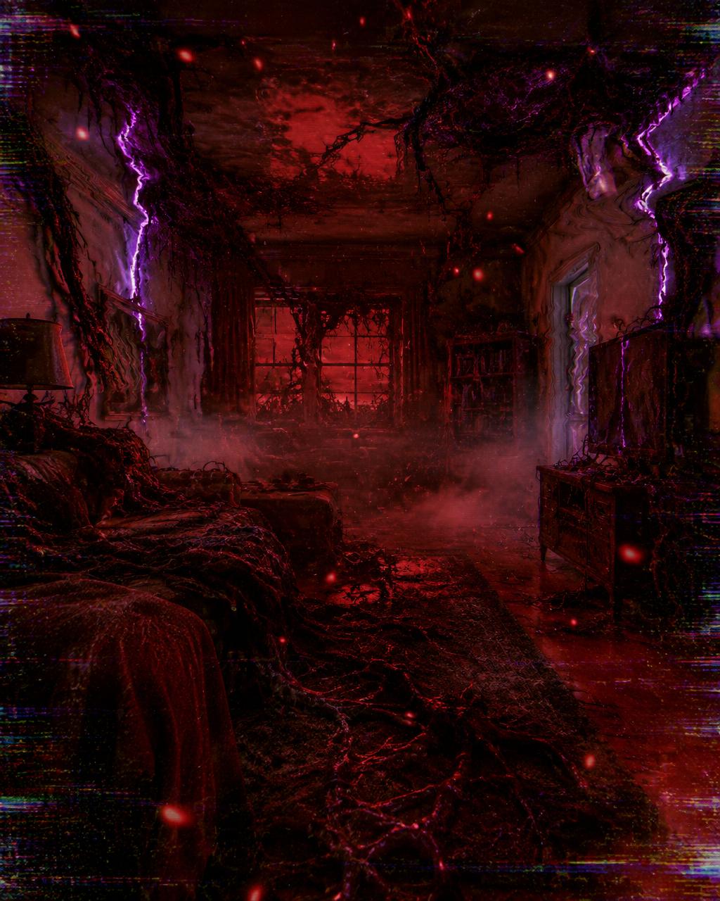 The same room warped into a red, tendril-covered alternate dimension